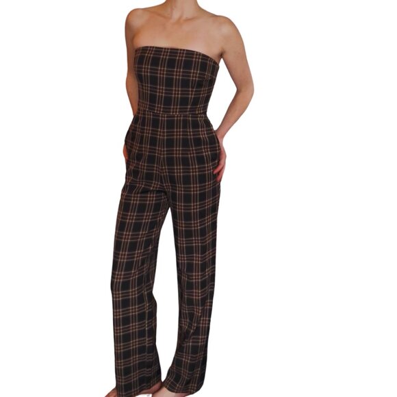 Lulus Pants - Lulus Sophisticated Mood Black Plaid Strapless Straight Leg Jumpsuit - Size XS